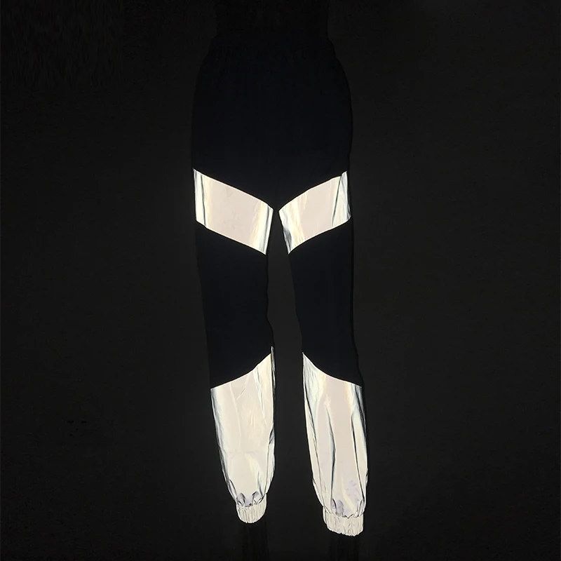 

Women High Waist Reflective Baggy Pants Neon Streetwear Cargo Pants Autumn Winter 2021 Drawstring Sweatpants