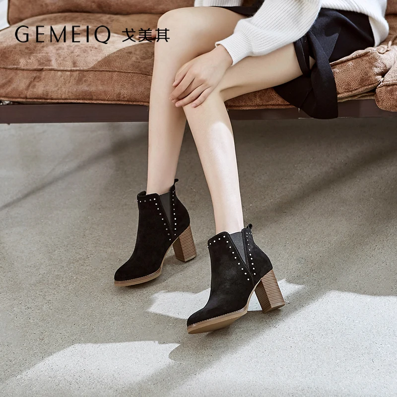 GEMEIQ/теплые ботинки из натуральной коровьей замши с заклепками короткая трубка