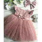 Модное летнее платье принцессы для маленьких девочек от 2 до 7 лет однотонное кружевное платье-пачка с жемчужинами для свадьбы, дня рождения, костюмы