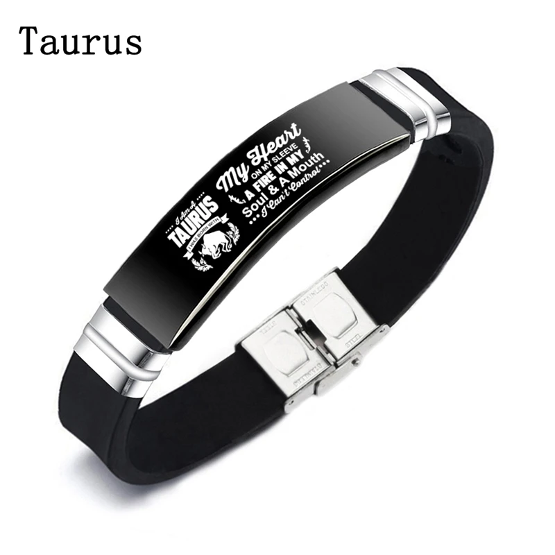 Черный силиконовый мужской браслет с гравировкой Знак зодиака Leo Pisces Таурус из