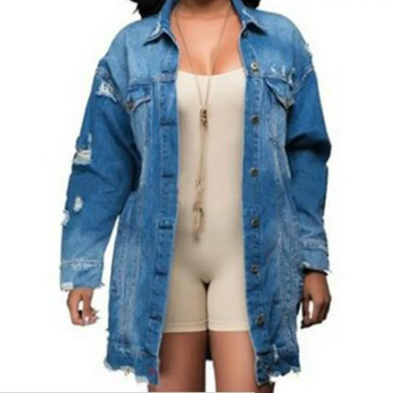 

European and Beautiful Women's Mid-length Ripped Denim Trench Coat with Long Holes Fall 2021 Women Denim Jacket Long Denim Coat