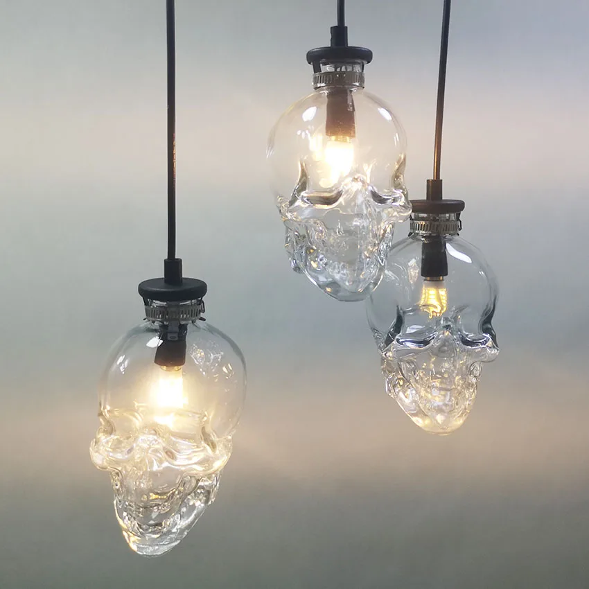 

1 light Retro Skull Clear Glass Pendant Light Fixture E14 holder Skull Ghost Glass bottle creative Droplight for Bar restaurant