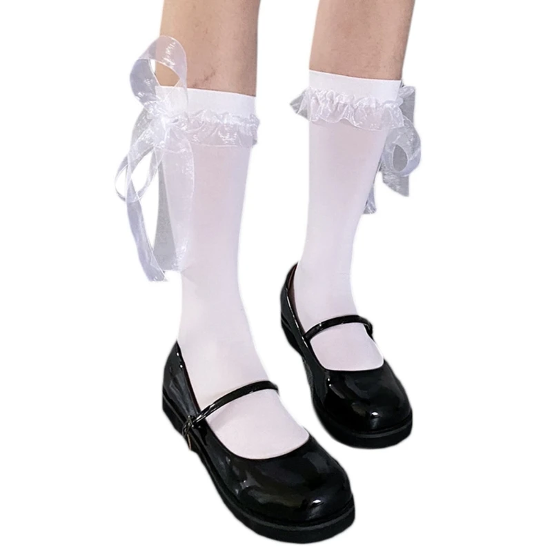 

Женские однотонные носки до середины икры/до колена для девушек в японском стиле Лолита Kawaii Милая Кружевная юбка с бантом и оборками