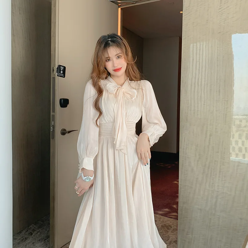 

Popular 2021 New Spring Autumn Dress Women's Sweet Elegant Bow Collar High End Dresses Solid Pleated A-Line Ladies Vestidos