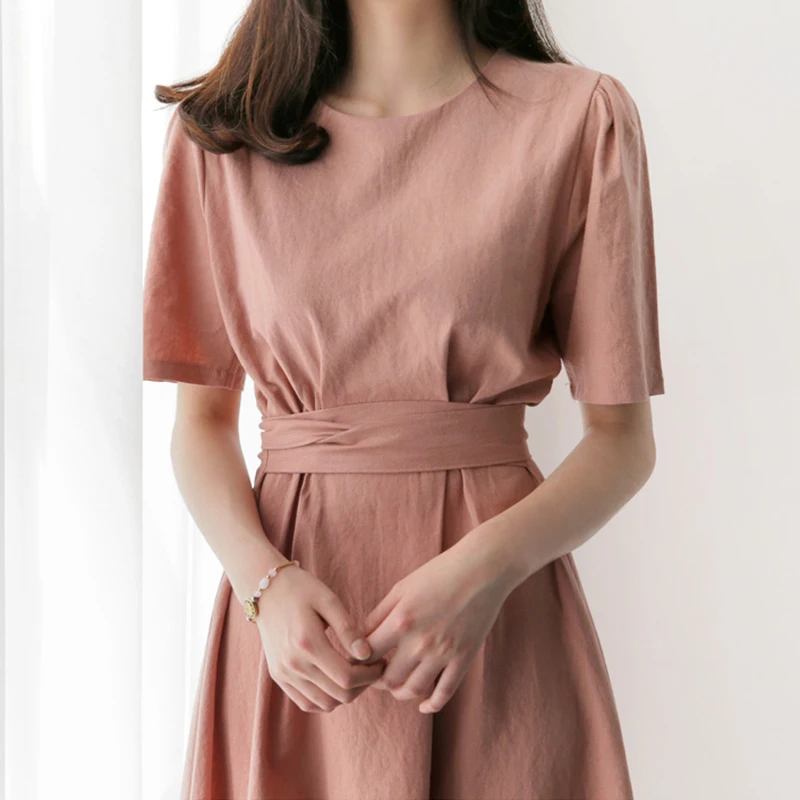 

Summer Dress 2019 Korean Style Female Waist Tie Chic Elegant Midi Dresses O-Neck Short Sleeve Cotton Linen Casual Women Dress