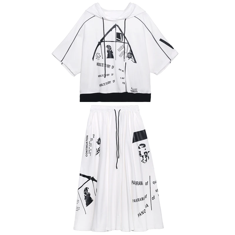 

Johnature New Streetwear Fashion Women Two Pieces Sets 2021 Summer 3 Colors Print Hooded Top Elastic Waist Skirt Female Sets