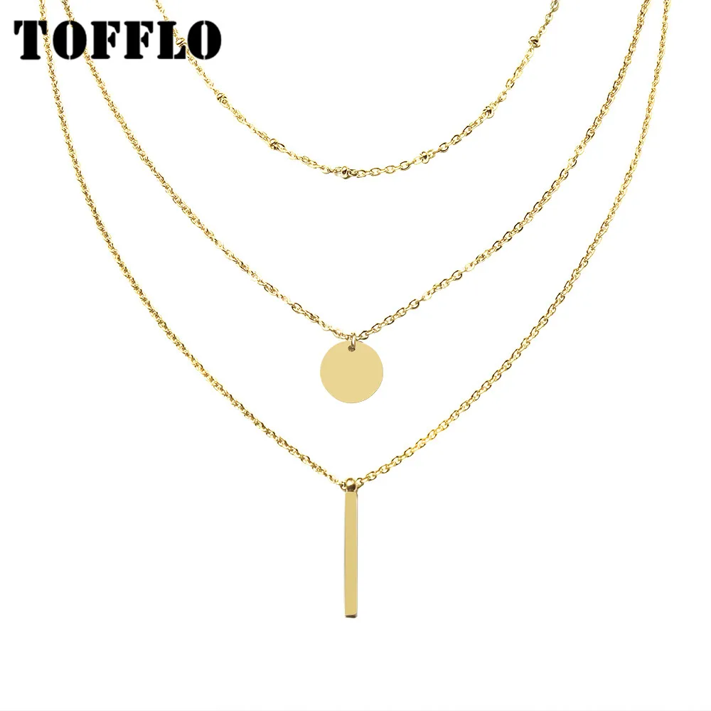 

TOFFLO Stainless Steel Jewelry Multi Layer Stacked Geometric Disc Round Brand Long Necklace Cavicle Chain BSP275