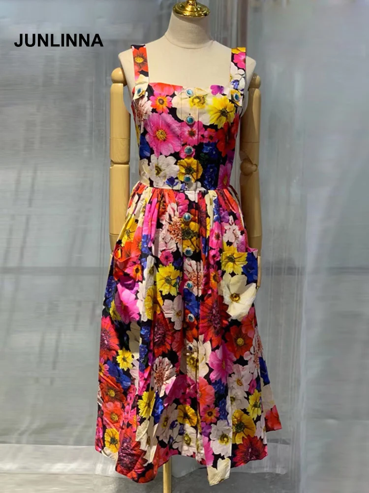 

JUNLINNA 100% Cotton Women Summer Dress 2023 Bohemian Vestidos Sexy Spaghetti Strap Flower Print Button Midi Beach Expansion