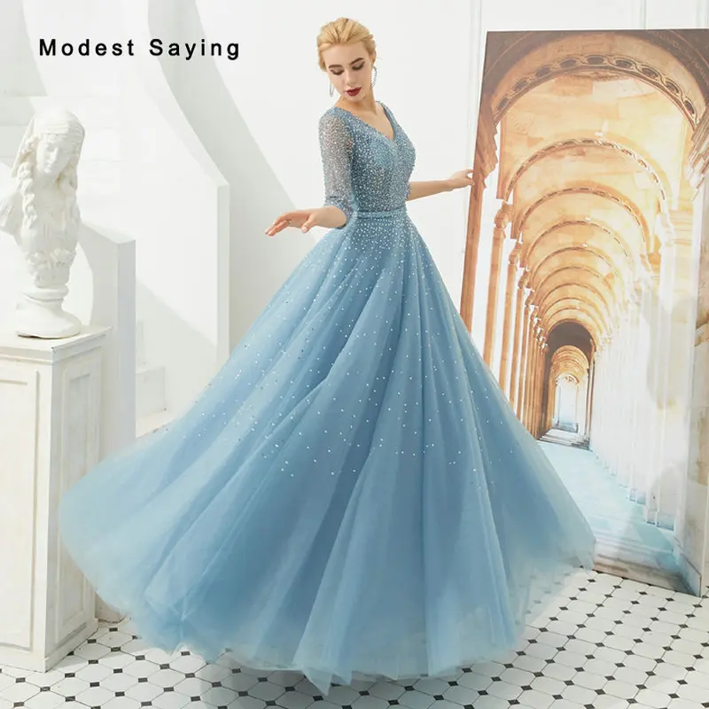 Синее ТРАПЕЦИЕВИДНОЕ вечернее платье принцессы с V образным вырезом украшенное