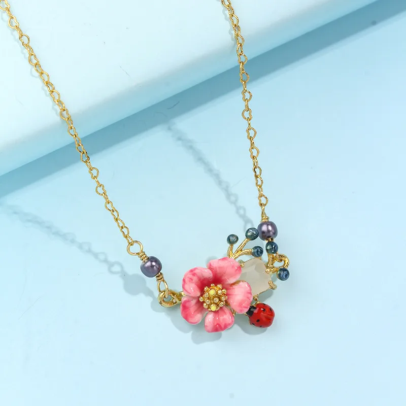 

Autumn New Oriental Rose Series Jewelry Female Hand Painted Enamel Glaze Flower Gemstone Necklace