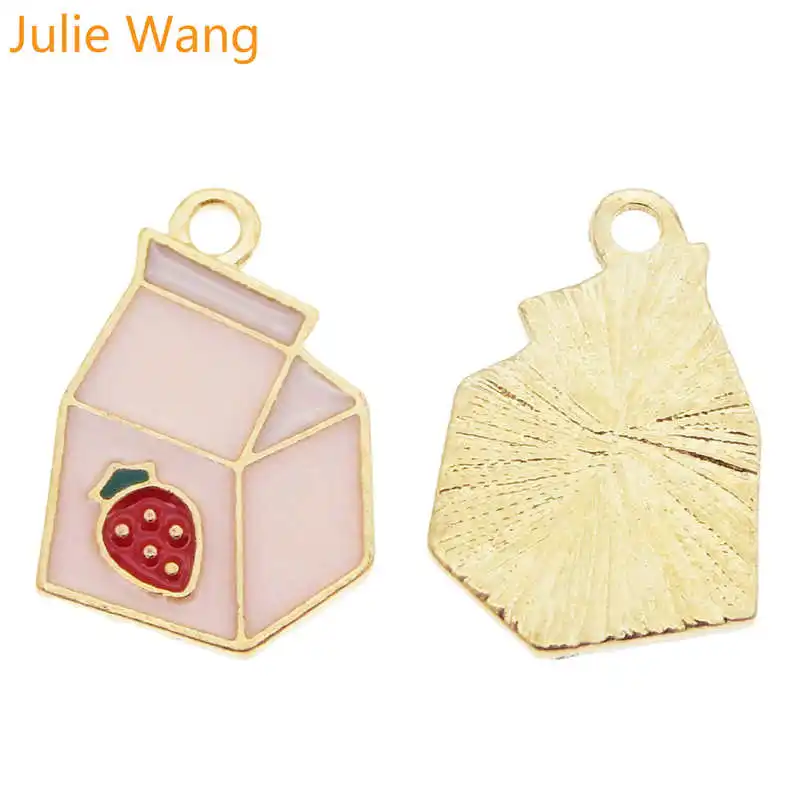 

Julie Wang 10pcs Enamel Pink Strawberry Milk Carton Charms Alloy Gold Tone Pendant Necklace Bracelet Jewelry Making Accessory