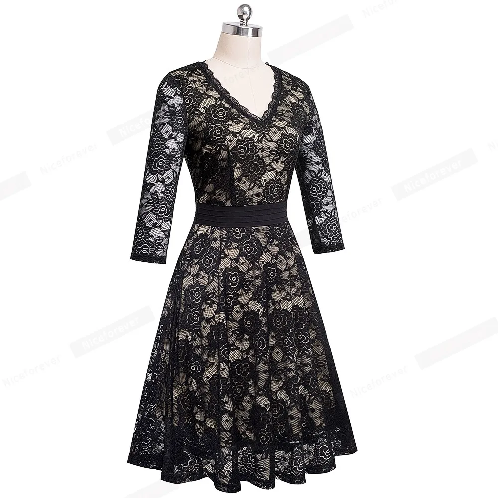 Nice-Forever Ретро Элегантный пэтчворк с цветочным кружевом А-силуэта vestidos деловые