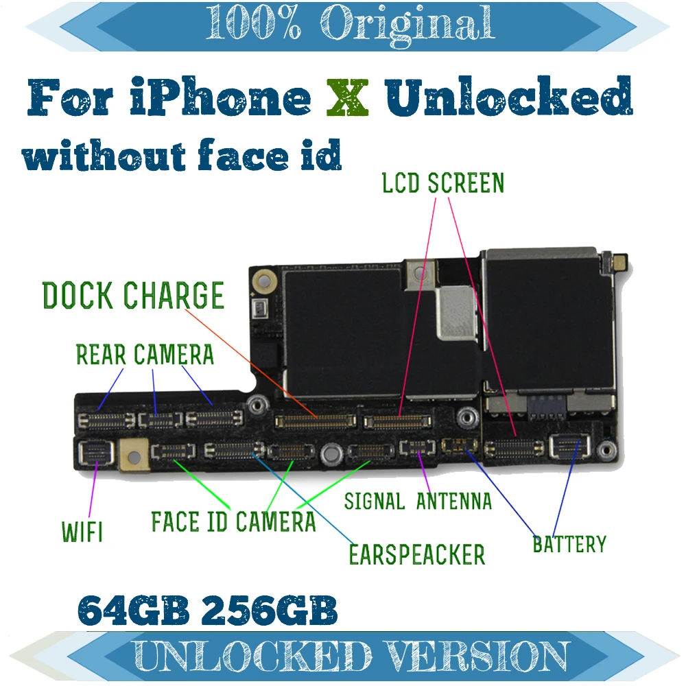Оригинальная материнская плата для iPhone X, 64 ГБ, 256 ГБ, Заводская разблокированная материнская плата, без функции распознавания лица, Поддержка IOS