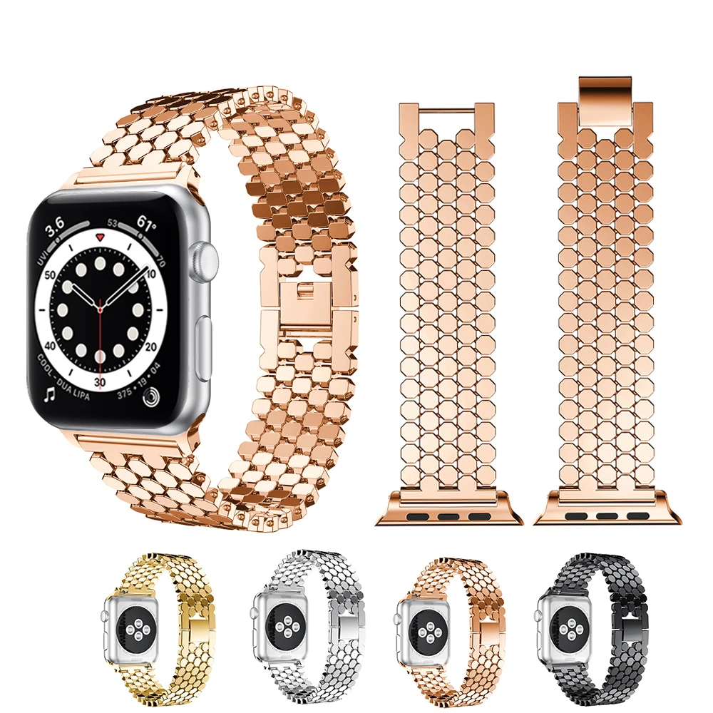 

Ремешок из нержавеющей стали для Apple watch band 38 мм 42 мм, металлический звеньевой браслет в виде рыбьей чешуи для iWatch 6 Series 4 5 40 мм 44 мм