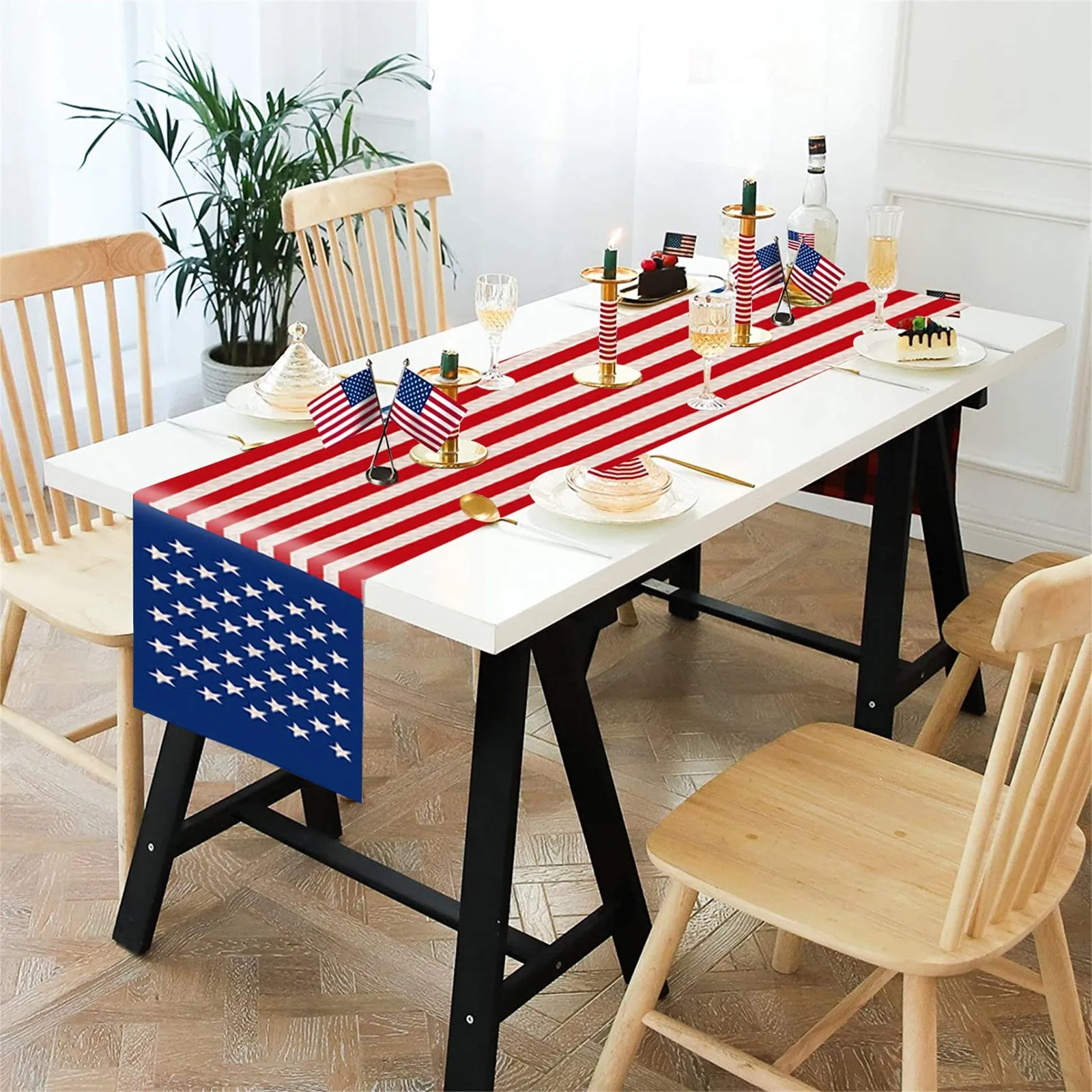 

Independence Day Table Runner Dresser Scarves USA Flag July 4th Non-Slip Rectangle Decor for Home Stars Check Plaid Buffalo Wood