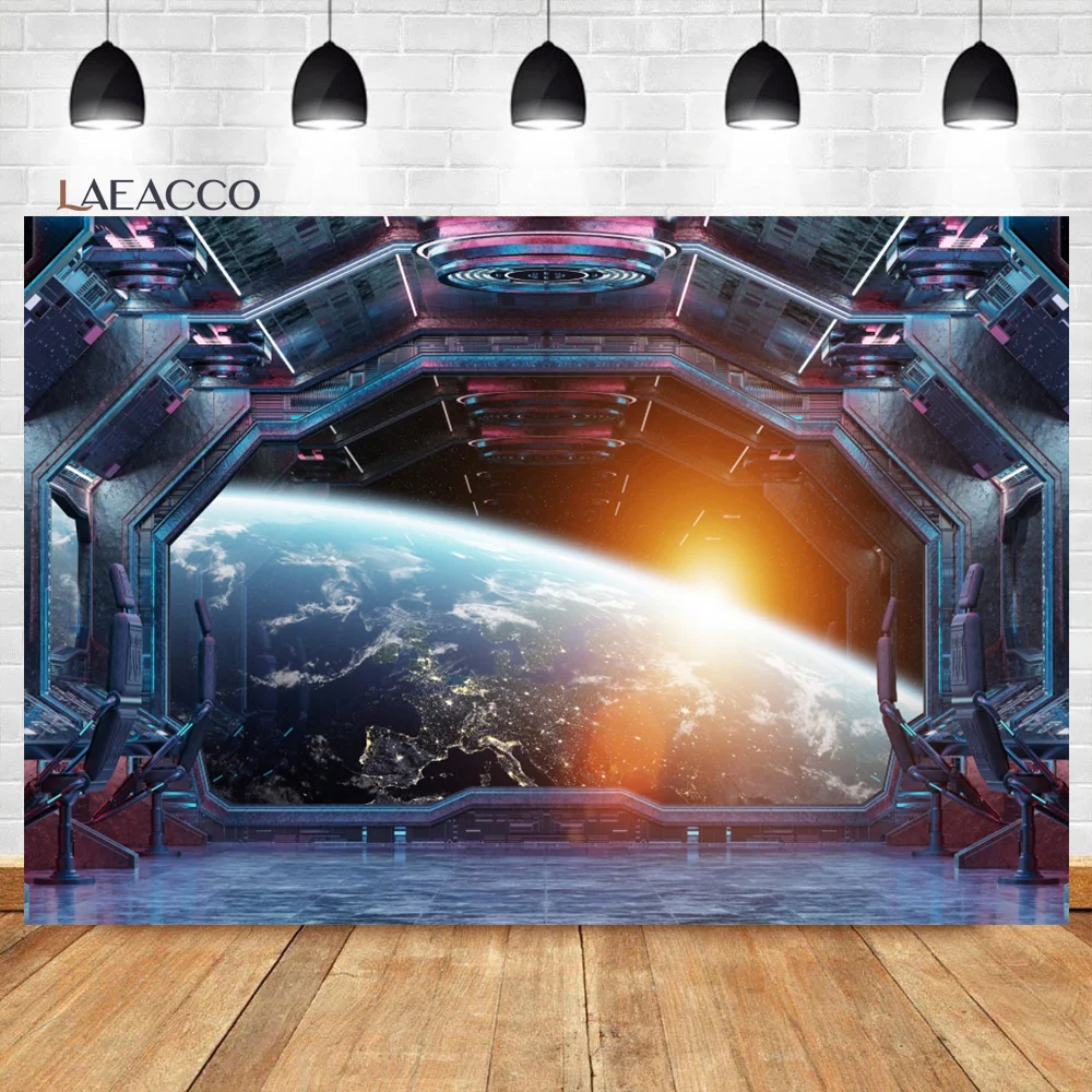 

Laeacco Spaceship Photography Background Futuristic International Space Station Child Kids Portrait Customized Photo Backdrops