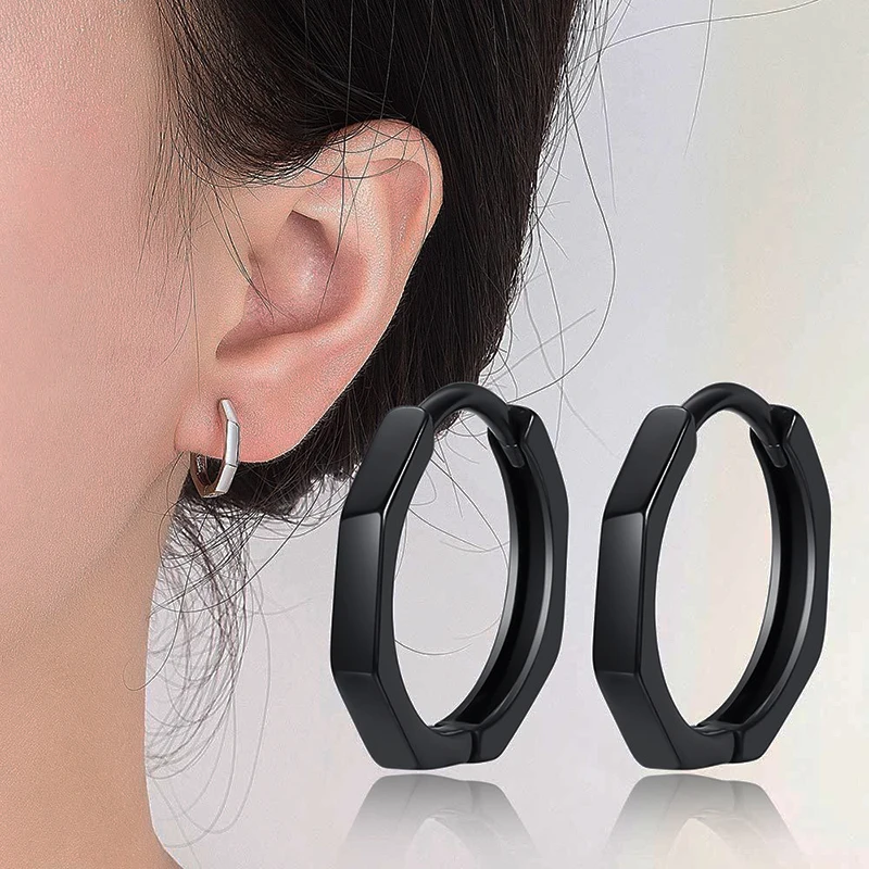 

Women's Fashion Creative Polygonal Hoop Earrings Black/Silver Color Small Huggie Small Hoops Charming Earring Piercing For Girls