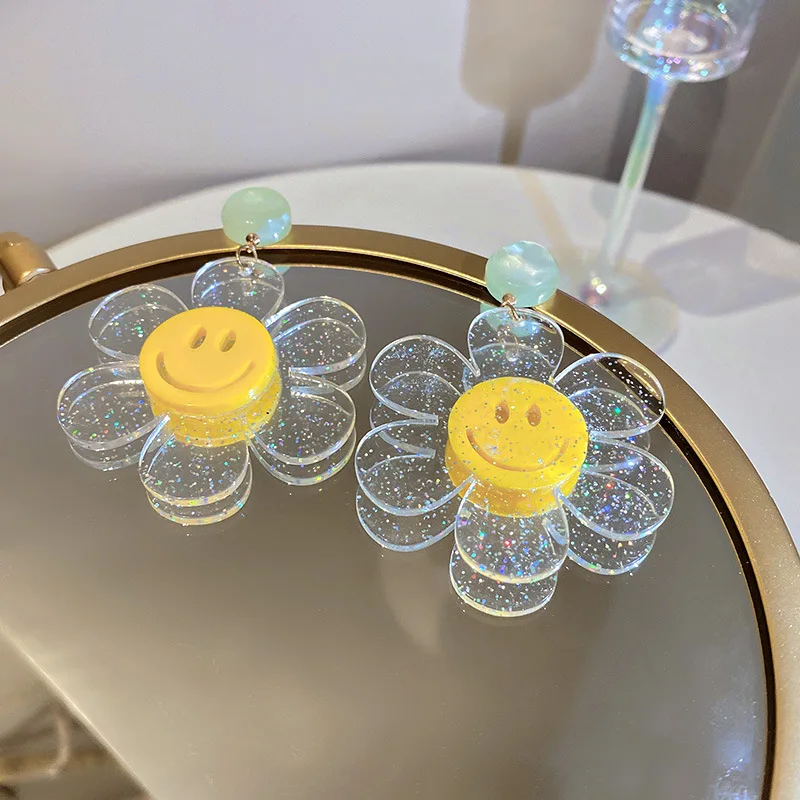 

Minar Exaggerated Transparent Resin Sunflower Earrings for Women Female Yellow Color Smile Dangle Earrings Hyperbole Jewelry