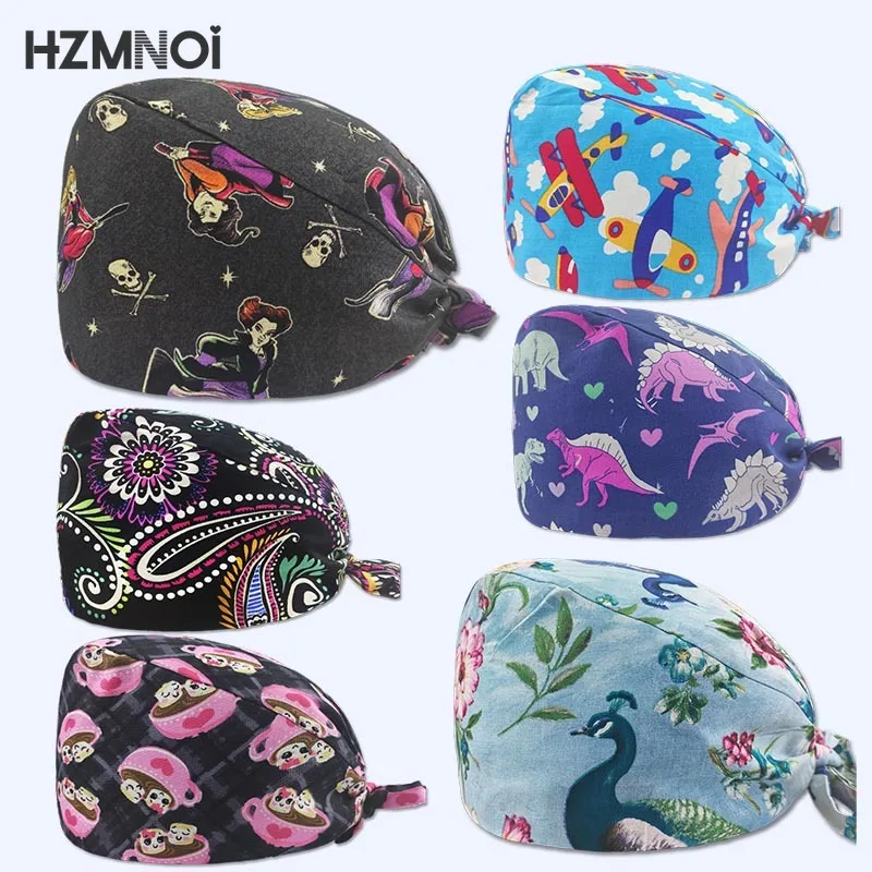 

2021 Cartoon Printed Cotton Breathable Female Medical Nurse Cap Pet Hospital Surgeon Cap Dentist Cap Beauty Salon Chef Scrub Cap