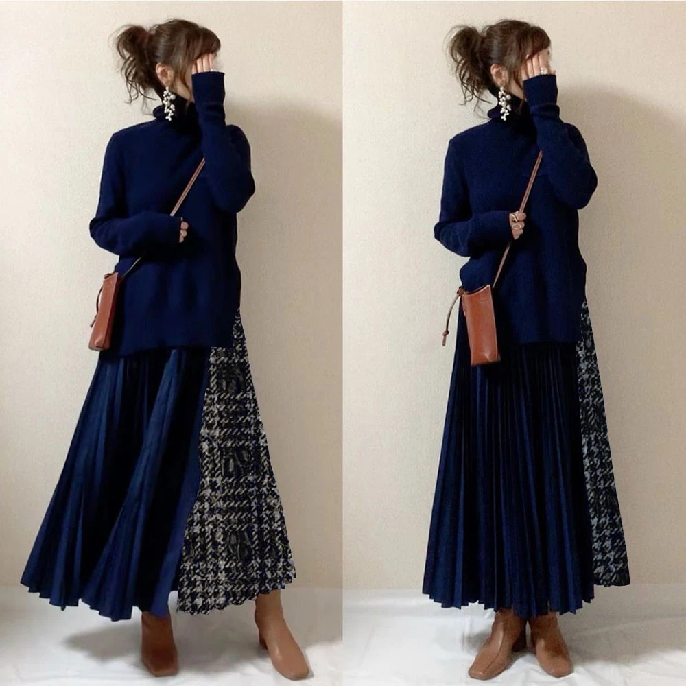 

One Piece Long Dress Color Block Korean Winter Turtleneck Ptachwork Vestidos Streetwear Women Autumn Maxi Pleated Dresses 2020