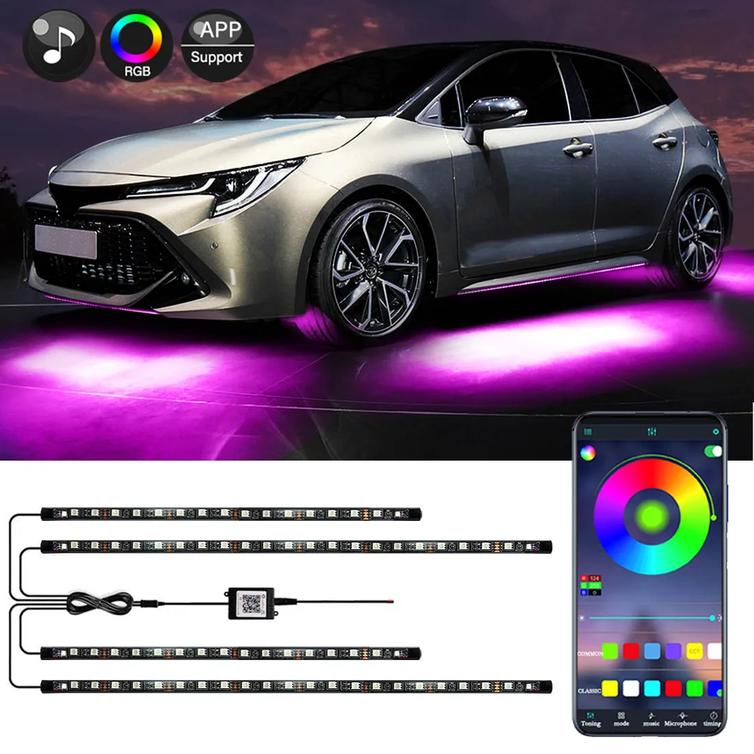

4PCS LED RGB Strip Under Car BT App Control Flowing Color Underbody Neon Light Car Products 12V