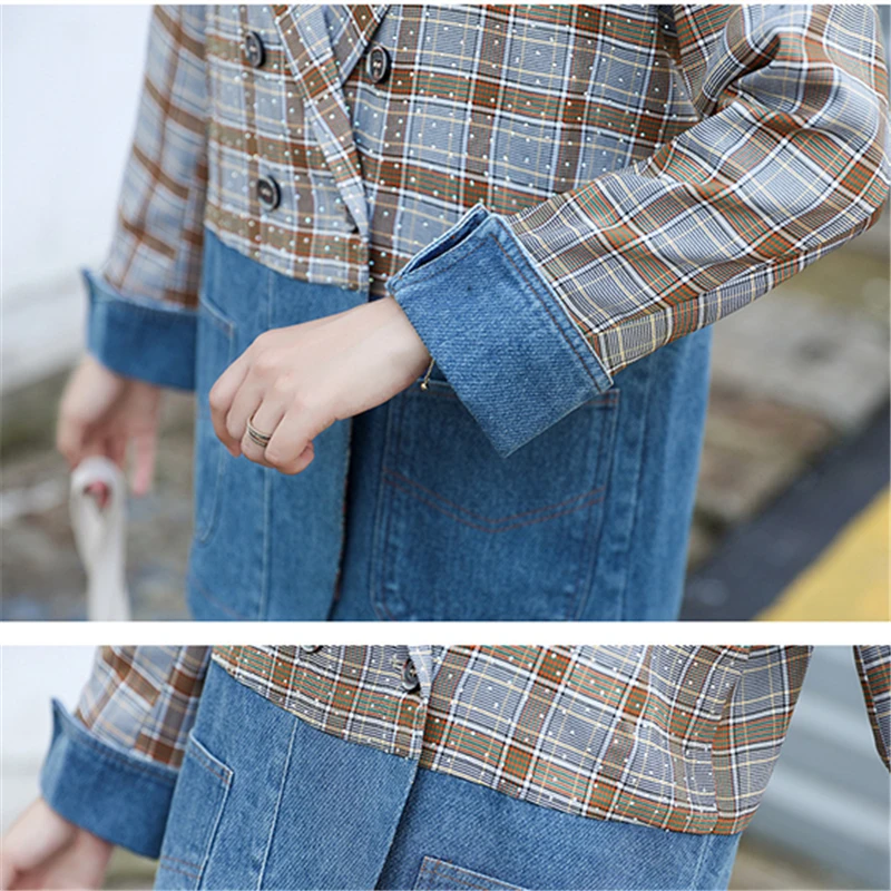 

Spring 2021 Fashion New High-Quality Loose Design Sense Plaid Stitching Denim Long-Sleeved Suit Loose Jacket Women Trendy H194