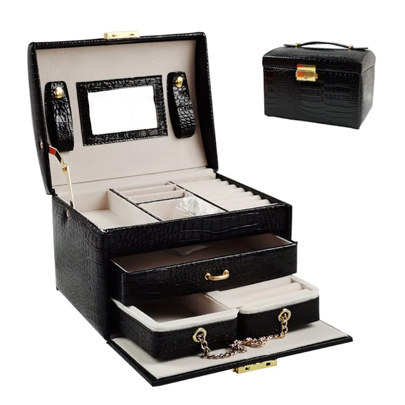 

Lockable Mirrored Jewelry Box Necklace Ring Storage Organizer Synthetic Leather Large Jewel Cabinet Case Jewelry Display