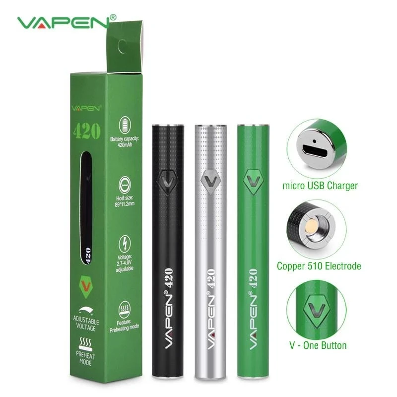 New VAPEN 420 Preheating VV Cartridge Battery 420mAh Variable Voltage Adjustable Micro USB Charge for Thick Oil Tank 20pcs