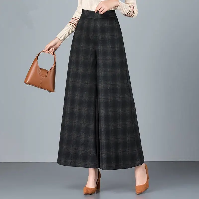 

Женские брюки в клетку с широкими штанинами, осень 2021, женские свободные брюки с высокой талией и карманами, женские теплые шерстяные брюки ...