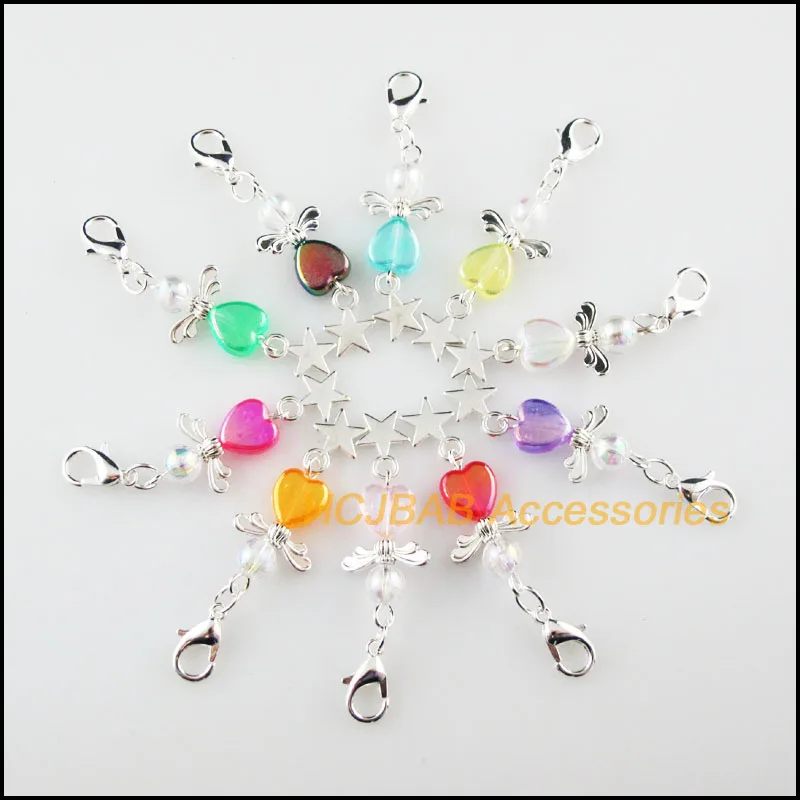 10 новых подвесок Angel 14x33 мм смешанные сердца посеребренные ретро с застежкой-карабином и звездой