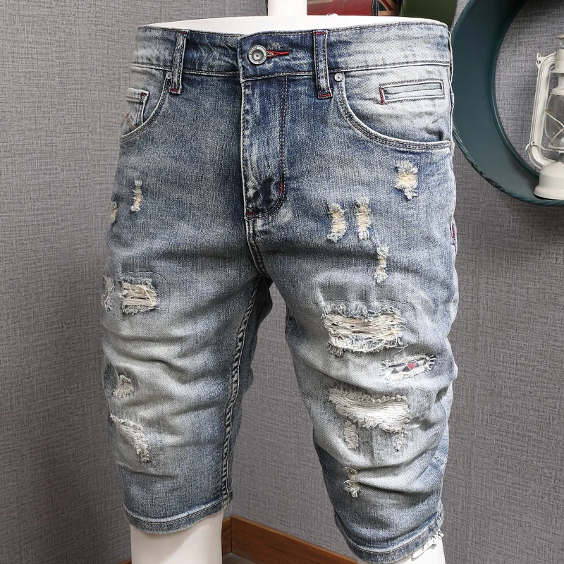 Vintage Light Blue Ripped Short Jeans Men Summer Streetwear Distressed Straight Cotton Denim Shorts