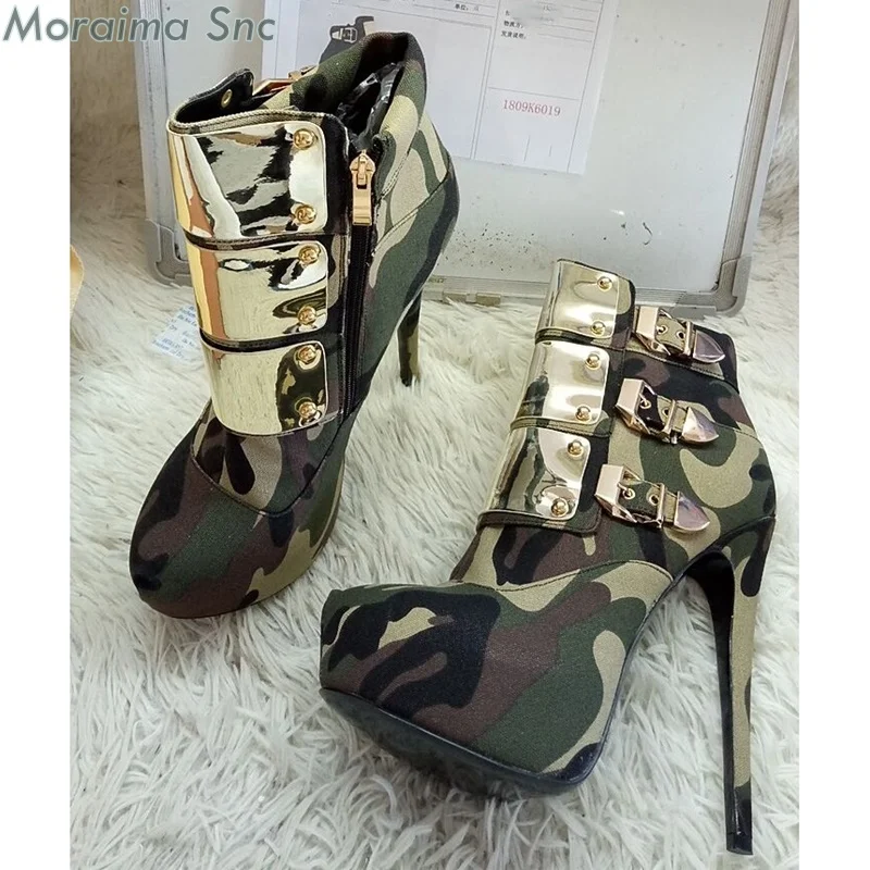 Punk camouflage gladiator high heels ankle boots buckle women metal decor short boots women winter platform shoes real picture