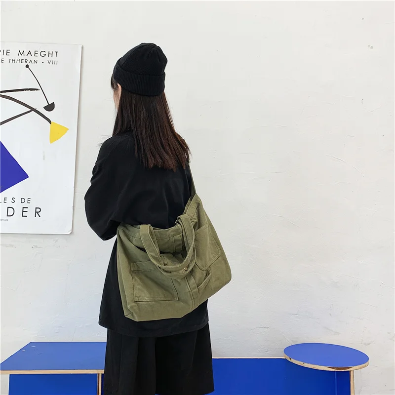 Большая вместительная Холщовая Сумка на плечо однотонная Мягкая джинсовая сумка