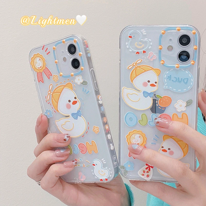 

Funny Cute Cartoon Duck Clear Phone Case For iPhone 13 Pro Max 12 11 X XS XR 7 8 Plus Flowers Transparent Soft Shockproof Cover