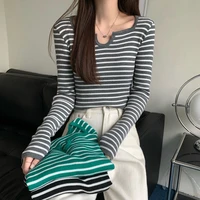 2022 slimming knit sweater autumn and winter korean version of ins style self cultivation striped bottoming knitted sweater