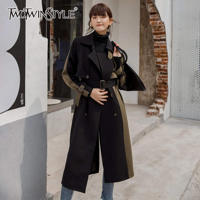 

TWOTWINSTYLE Korean Patchwork Sashes Trench Female Lapel Long Sleeve Hit Color Casual Windbreaker Female Fashion New Clothing