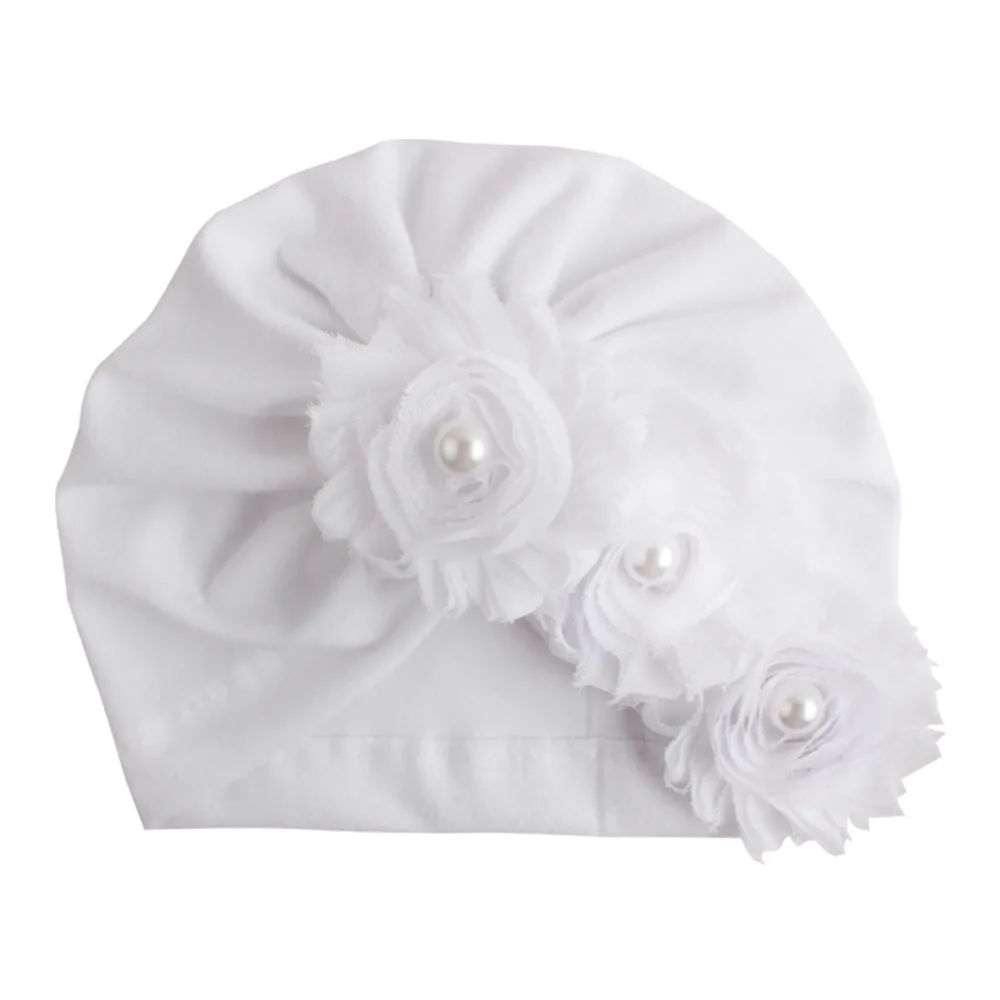 New Infant Newborn Caps with Pearl Chiffon Flowers Cotton Blend Kont Turban Girls Stretchy Beanie Hat Baby Hair Accessories