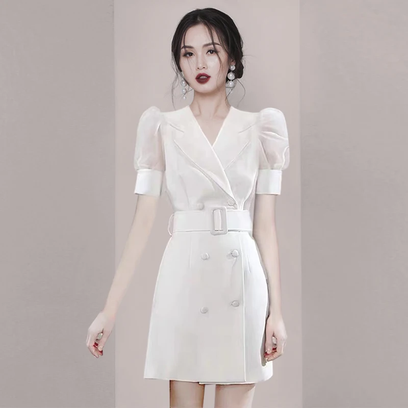 

High-end Elegant Double Breasted Women Dress Korean Summer Chic Office Slim Professional Dresses Simple White Work Vestidos 2021