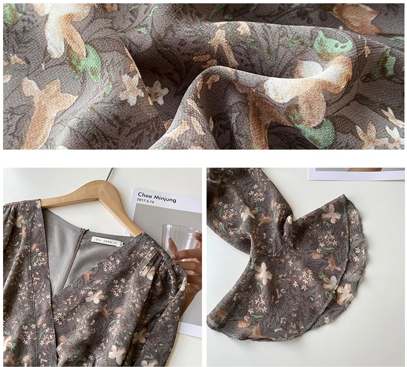 

Spring Vintage Print Bohemian Dress Women Boho Chiffon Flare Sleeve A Line Dress V Neck Summer Beach Vestidos C121