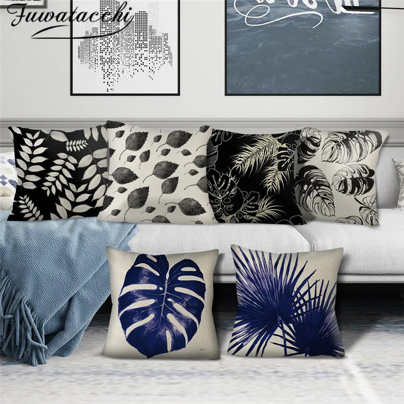 

Fuwatacchi наволочки с принтом в виде ветвей растений черные синие листья фото наволочки для домашнего дивана декоративные наволочки