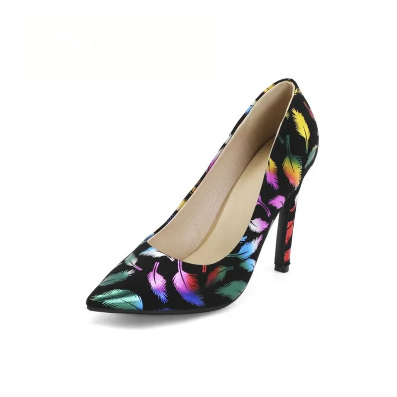 

High heeled shoes 11cm sexy single shoes black printing graffiti pointed high heels women's small size 34-44 shoes womens shoes