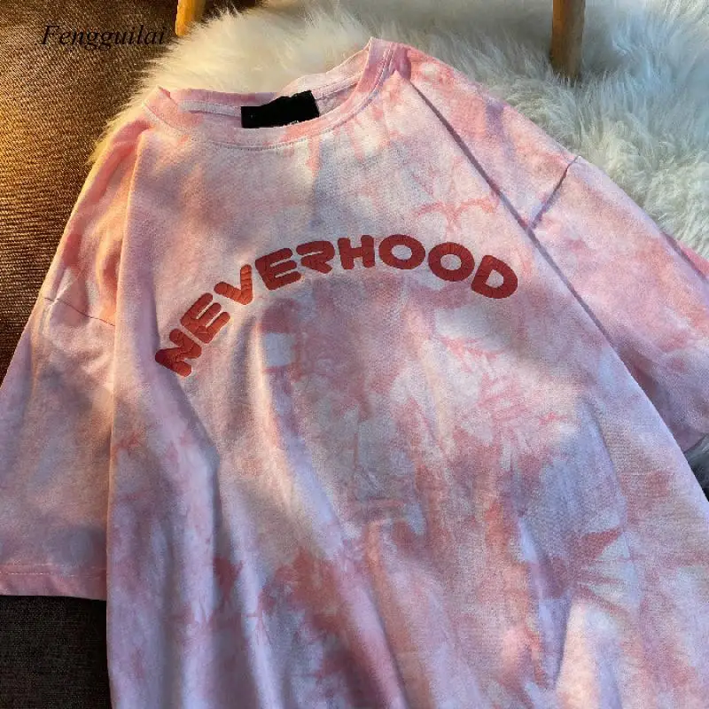 

Pink Tie Dyed Short Sleeve T-Shirt Loose Style Tee Half Sleeve Couple's Fashion Summer 2021 Top