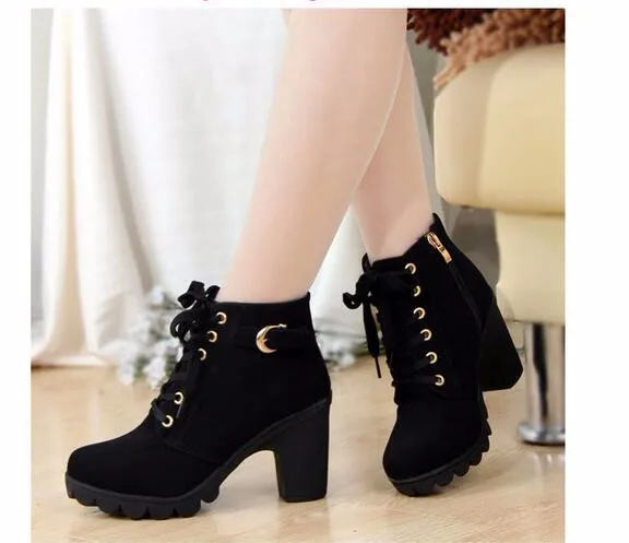 

2020 New Autumn Winter Women Boots High Quality Solid Lace-up European Ladies shoes PU Fashion high heels Boots 35-43