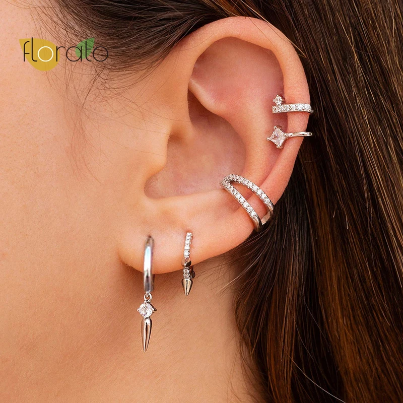

New Design CZ Spike Shaped Charm Huggie Hoop Earrings For Women 925 Sterling Silver Round Circle Earrings Fashion Jewelry Gift