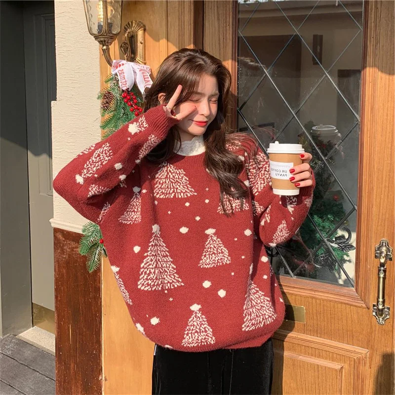 

Snowflake Christmas red sweater women 2021 loose Korean thickened warm round neck long sleeve winter top