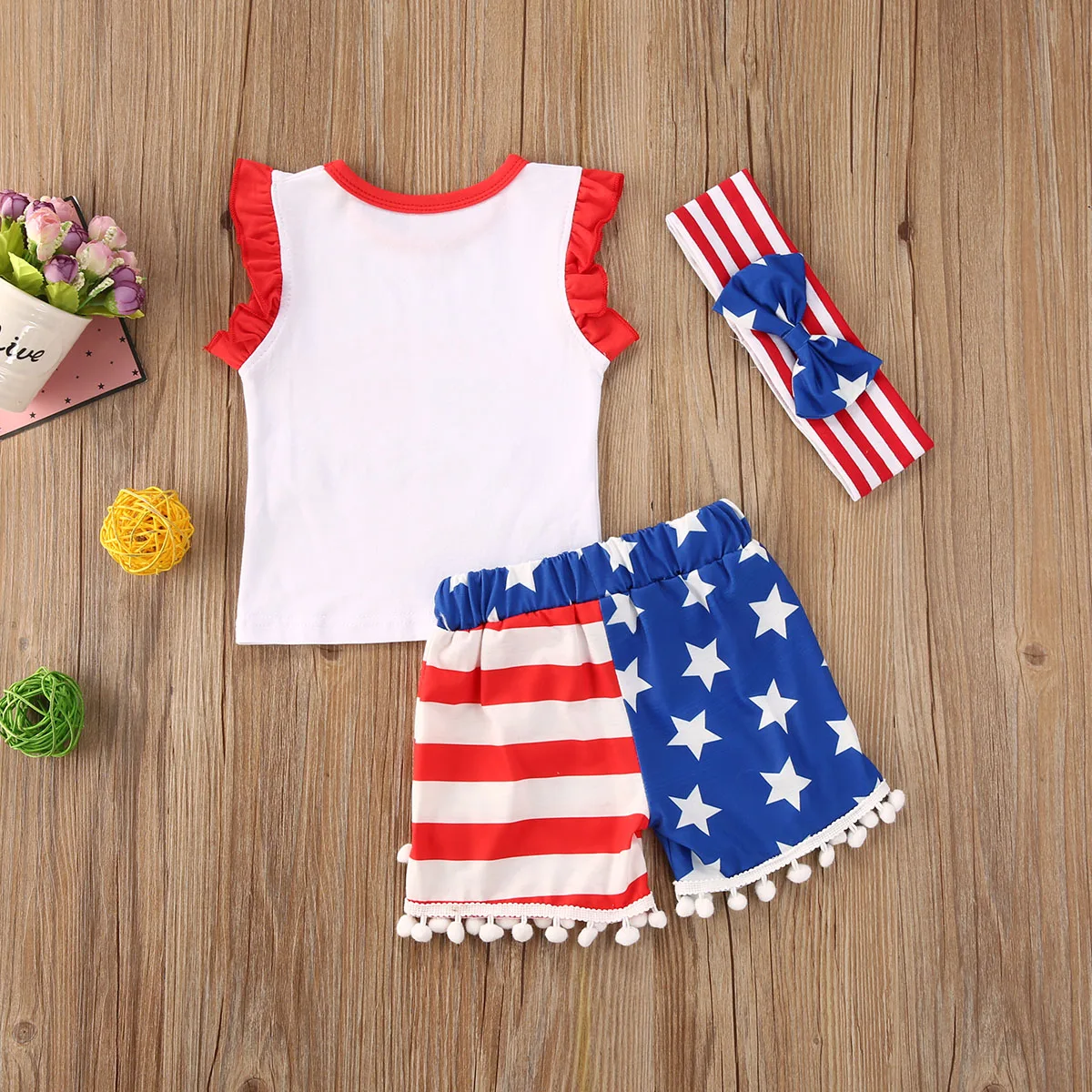 Independence Day Infant Baby Girls Boys Outfits Letter Print Sleeveless Vest Tops+Star Stripe Shorts+Headband 3pcs Set | Детская одежда