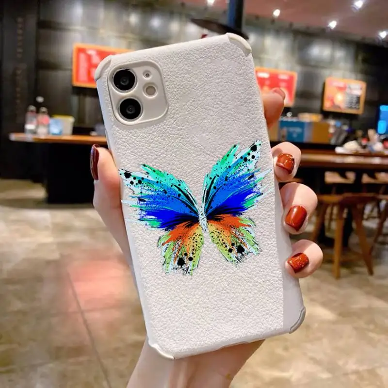 

Colorful butterflies Phone Case Lambskin LeatherFor iphone 12 11 8 7 6 XR X XS PLUS MINI PLUS PRO MAX Shockproof coque shell