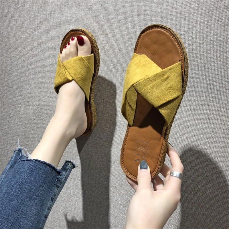 

Summer Flock Outside Flat Slippers Women Casual Fashion Peep Toe Sandals Rubber Bottom Shoes Female Low (1cm-3cm)