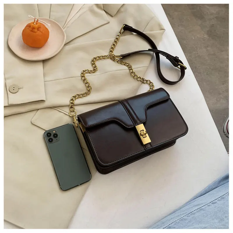 

2021 Brand Ladies Shoulder Messenger Bag Solid Color European And American Retro PU Chain Square Handbag With Metal Buckle