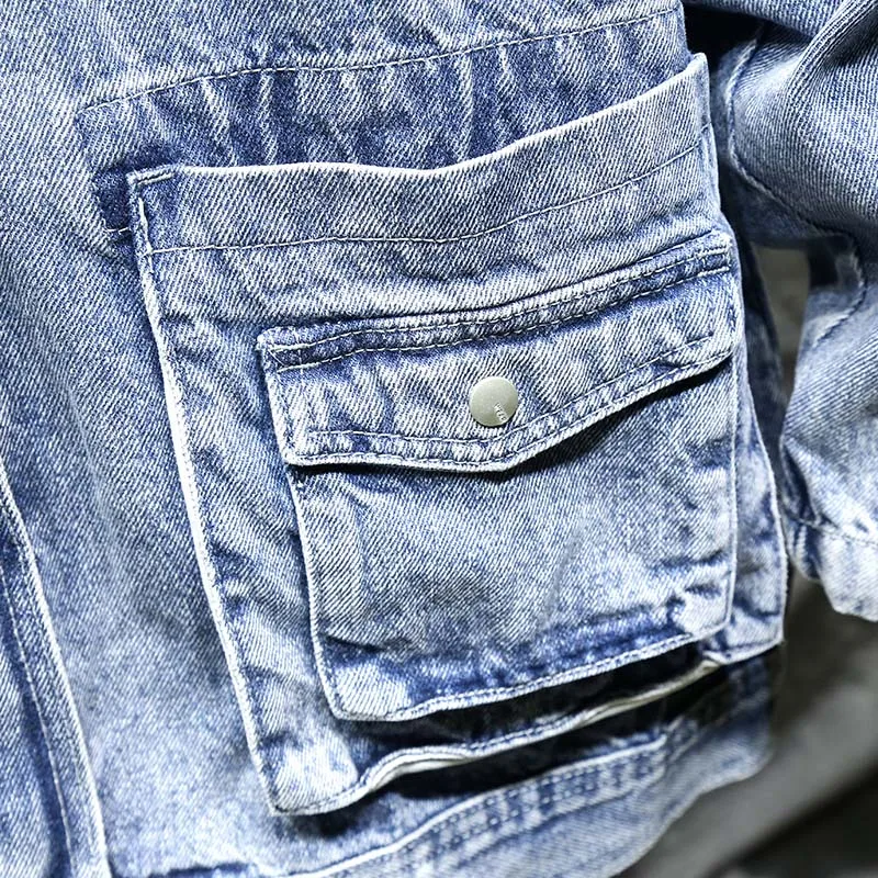 

2021 Spring and Autumn Denim Jacket Men's Korean Handsome Clothes Trend Loose Tide Brand Multi-Pocket Tooling Jacket Men